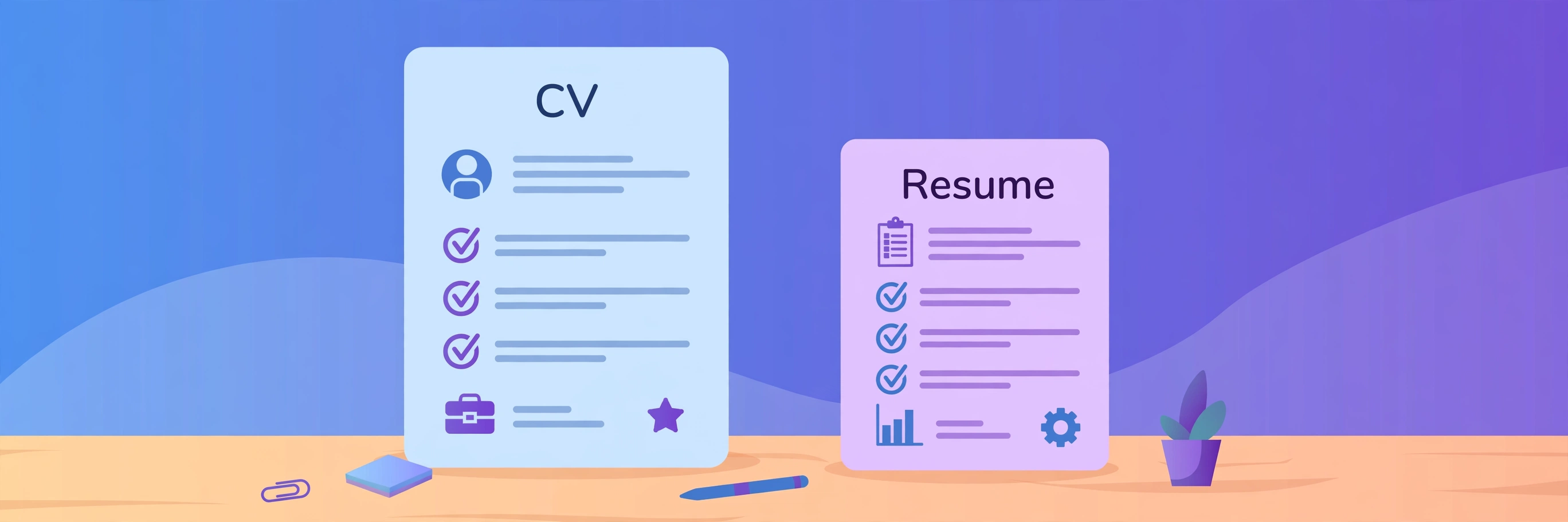 Illustration comparing a CV and a resume side by side