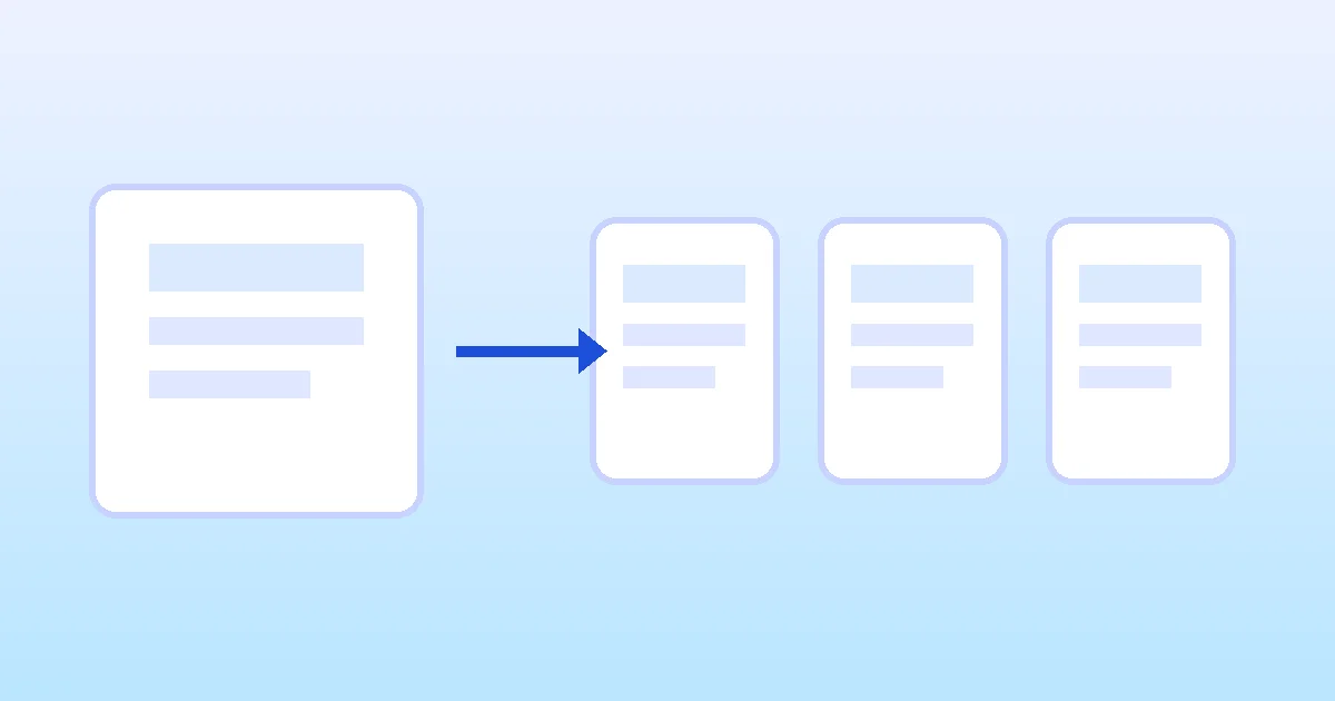 Illustration of a large PDF document splitting into three smaller PDF files